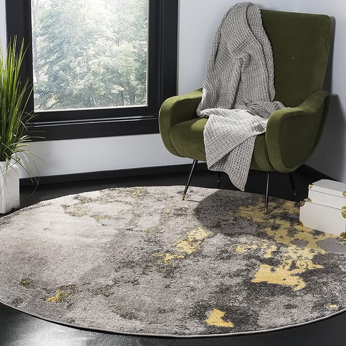 SAFAVIEH Adirondack Collection 4' Round Grey / Yellow ADR134H Modern Abstract Non-Shedding Dining Room Entryway Foyer Living Room Bedroom Area Rug