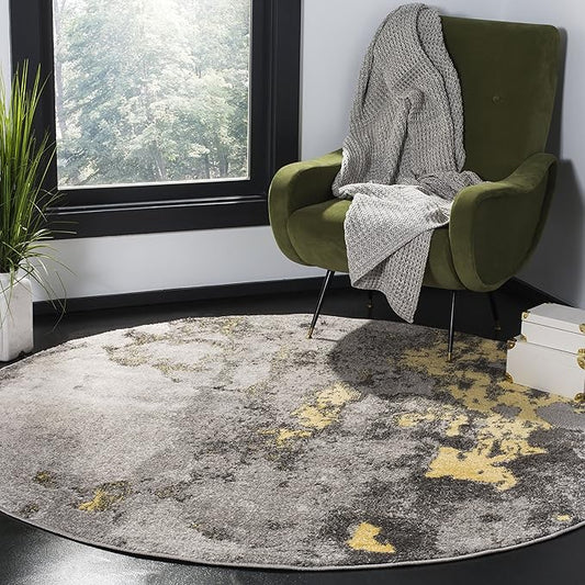 SAFAVIEH Adirondack Collection 4' Round Grey / Yellow ADR134H Modern Abstract Non-Shedding Dining Room Entryway Foyer Living Room Bedroom Area Rug