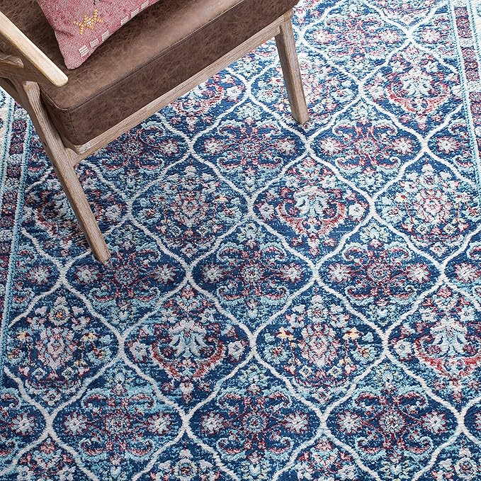 SAFAVIEH Brentwood Collection 4' x 6' Navy / Red BNT870N Oriental Damask Trellis Non-Shedding Living Room Bedroom Accent Rug