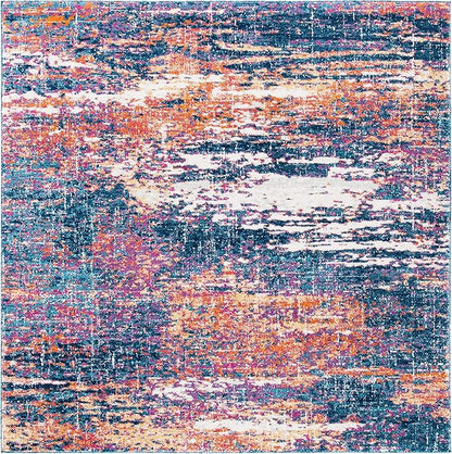 SAFAVIEH Evoke Collection Area Rug - 6'7" Square, Navy & Orange, Modern Abstract Design, Non-Shedding & Easy Care, Ideal for High Traffic Areas in Living Room, Bedroom (EVK272N)