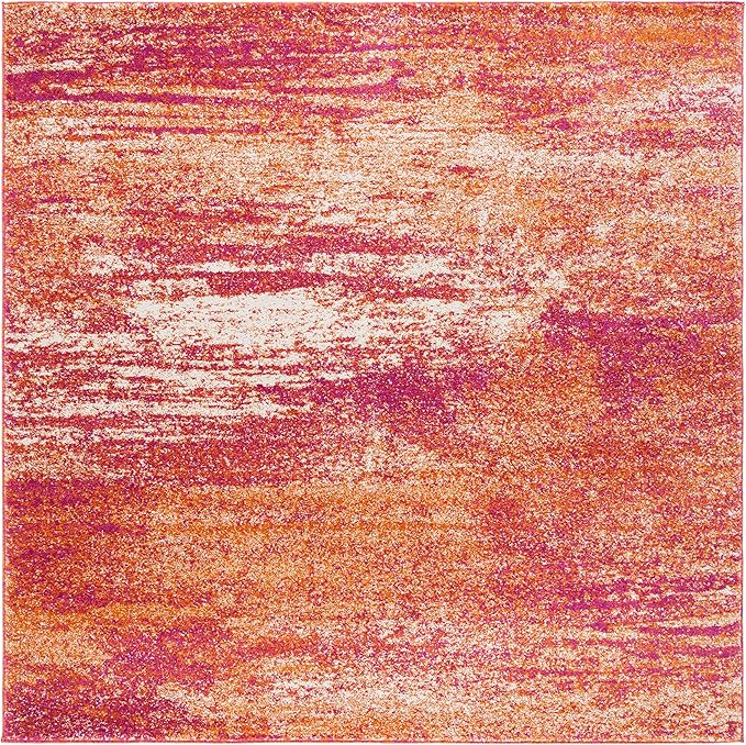 SAFAVIEH Evoke Collection Area Rug - 6'7" Square, Ivory & Orange, Modern Abstract Design, Non-Shedding & Easy Care, Ideal for High Traffic Areas in Living Room, Bedroom (EVK272P)