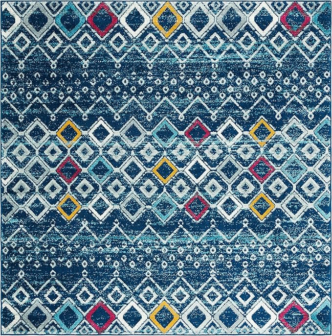 SAFAVIEH Amsterdam Collection 3' Square Navy/Turquoise AMS108M Moroccan Boho Non-Shedding Living Room Bedroom Entryway Accent Rug
