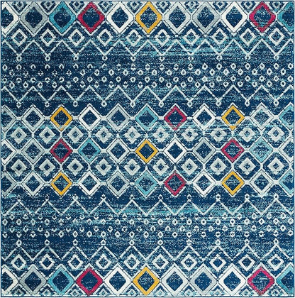 SAFAVIEH Amsterdam Collection 3' Square Navy/Turquoise AMS108M Moroccan Boho Non-Shedding Living Room Bedroom Entryway Accent Rug