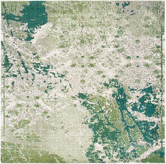 SAFAVIEH Madison Collection 6'7" Square Green / Ivory MAD499Y Modern Abstract Non-Shedding Living Room Bedroom Dining Home Office Area Rug